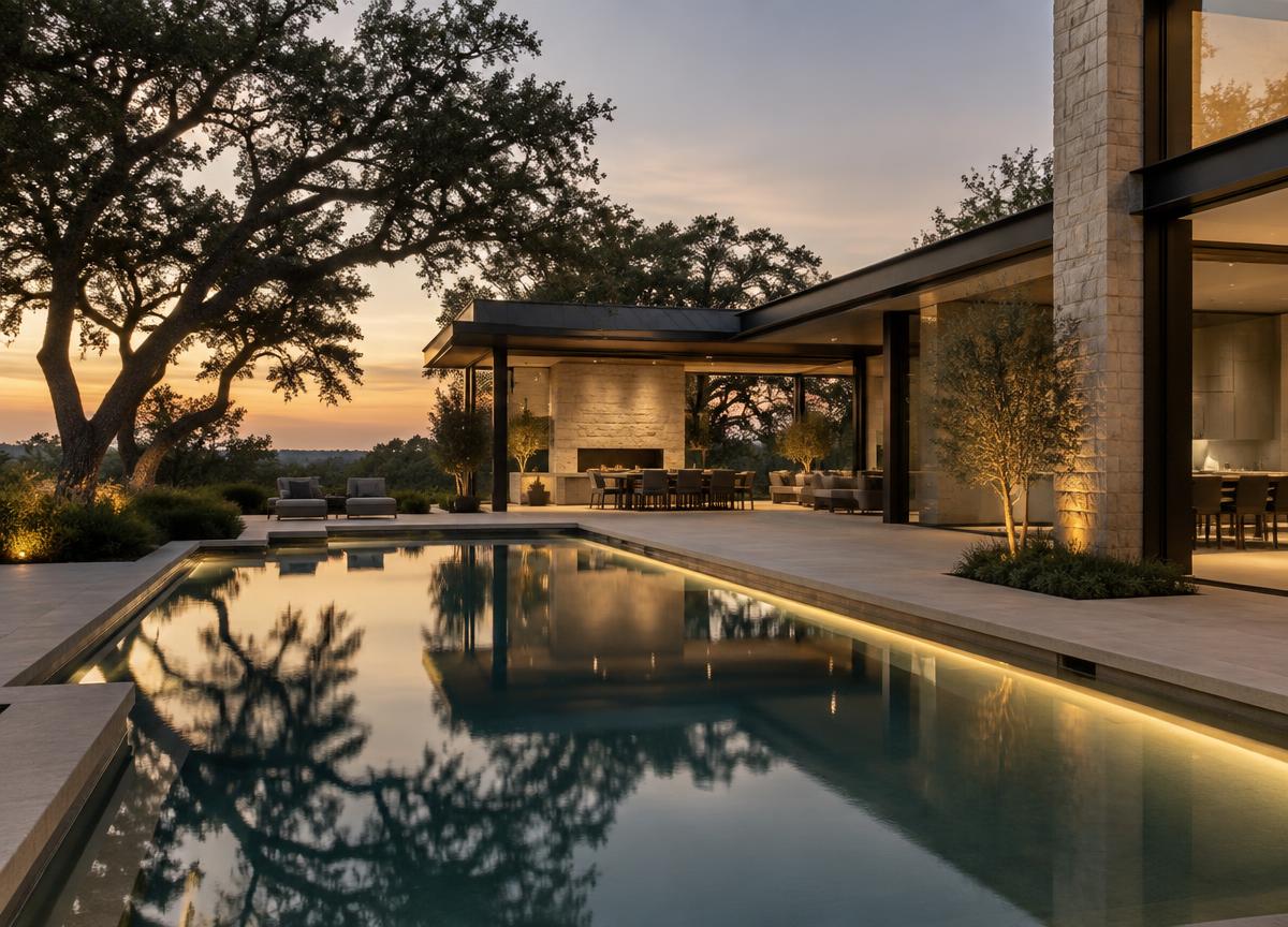 Contemporary Hill Country residence with illuminated outdoor living space