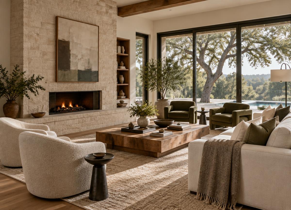 Warmly lit contemporary living room