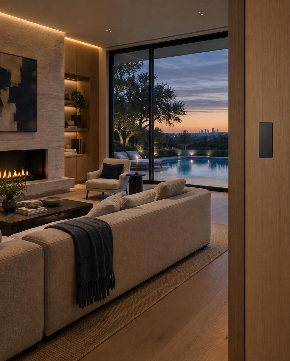 Living room at dusk with a slim wall-mounted control keypad beside a stone fireplace