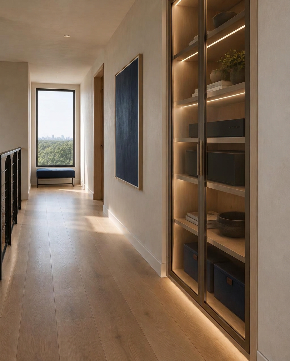 Finished hallway with a glass-fronted cabinet housing a discreet network shelf