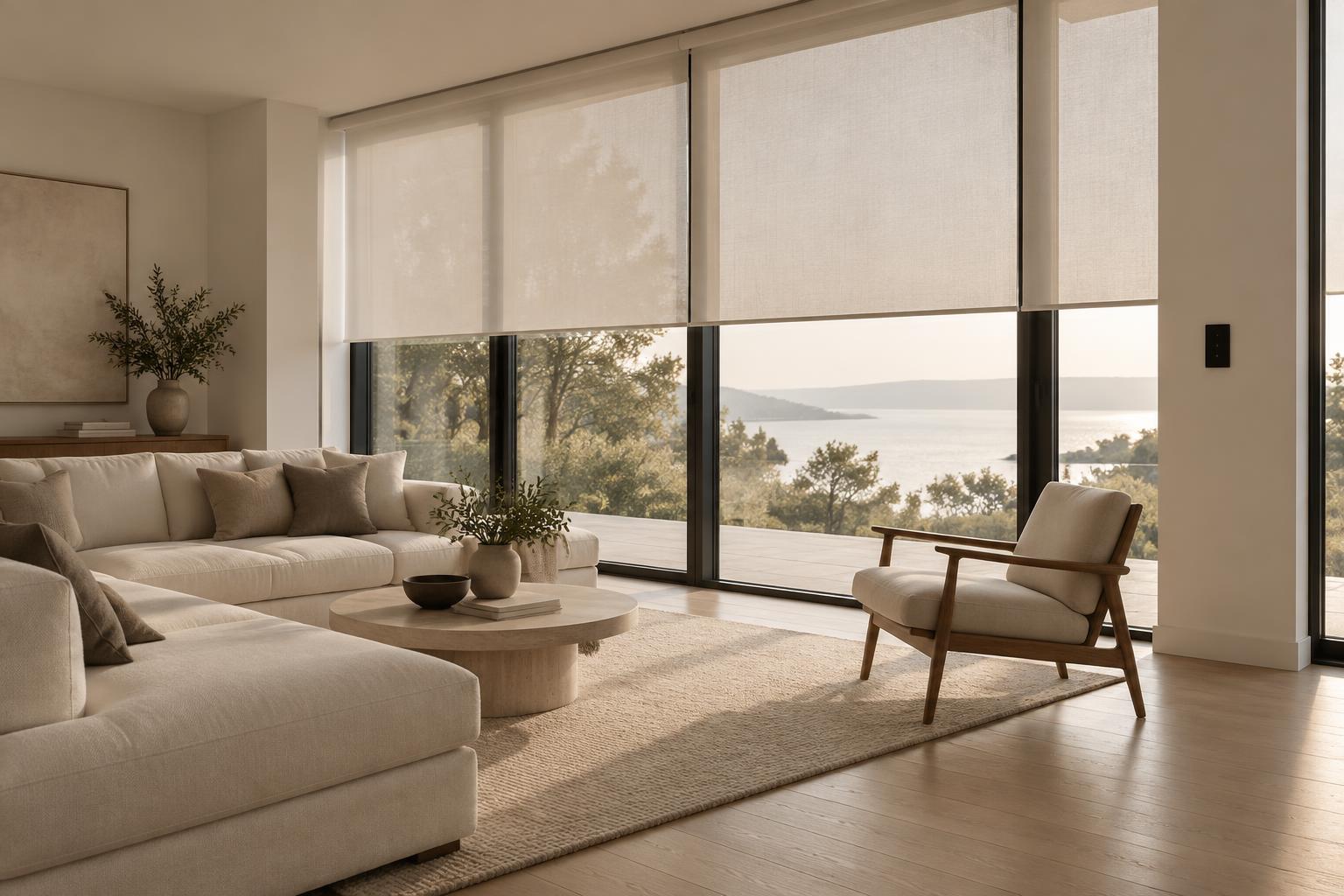 Living room with floor-to-ceiling windows fitted with half-drawn sheer motorized shades